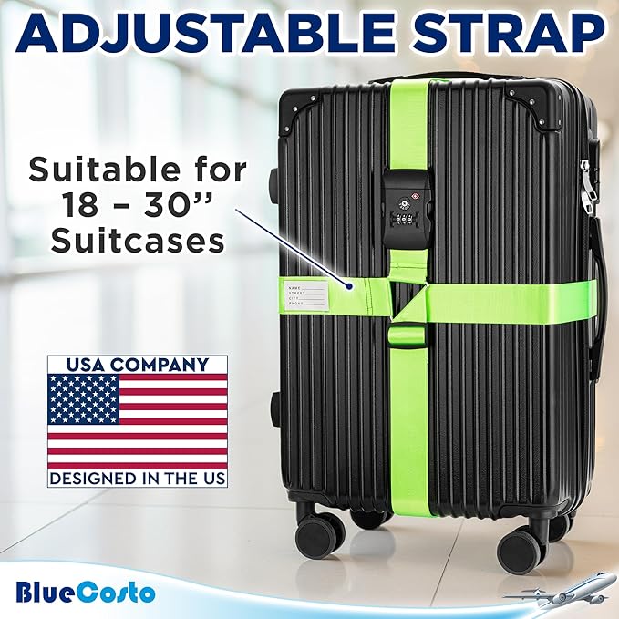 BlueCosto - Luggage Strap with TSA Lock - 7 to 13 ft Adjustable, Neon Green - TSA Approved Suitcase Security Belt with 3 Digit Combination Locking - 2" Wide Heavy Duty Baggage Strap for Secure Travel