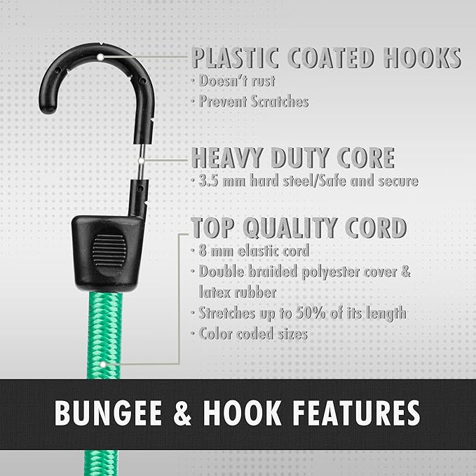Cartman 8mm 16Pack Bungee Cords, 10pcs 32"& 6pcs 24" with Coated Steel Hook
