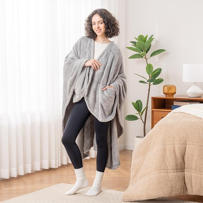 Berkshire Blanket Primalush™ Wearable Blanket, Cozy Loungewear Pocketed Plush Cape Wrap for Adults & Teens(Pebble Gray, One Size 58"X64")