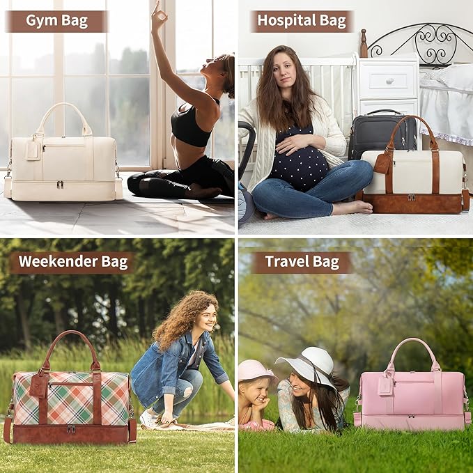 Oeihuivt Weekender Bags for Women - 21 Inch Large Travel Duffel Bag 2-Piece Set with Shoe Compartment, Heavy-Duty Canvas Leather Carry On Overnight Tote