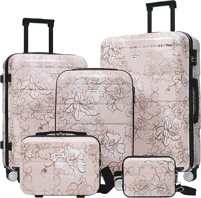 Merax 5 Piece Luggage Set with Spinner Wheels, Lightweight Printing Suitcase Set 8/14/20/24/28 inches, Durable Carry on Luggage with Handbag and Cosmetic Case Suitable all Ages,Pink Flower