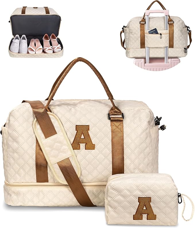 Mom Gifts-Women Birthday Gifts-Gifts for Teenage Girls-Personalized Duffle Bag with Shoe Compartment, Kids Overnight Bag,Travel Weekend Bag, Gift for Women Friend Niece Birthday (Letter A)