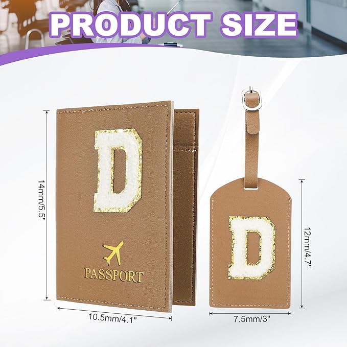 PATIKIL Passport Holder for Travel, Initial Passport Cover and Luggage Tag Set with Alphabet Chenille Letter Patch Travel Wallet Bag Suitcase Identifier for Women Family Travel Brown D