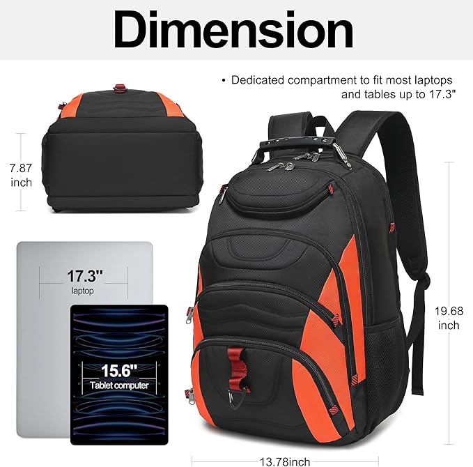 Boavan Laptop Backpack for men, 17.3 inch Laptop Bag with USB Port, Waterproof Travel Work Backpack Purse, Anti-Theft Teacher Nurse Doctor Casual Bookbags Office Business backpack，Black&Orange