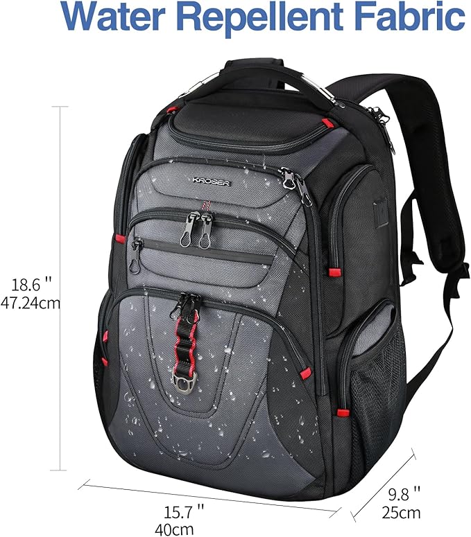 KROSER Friendly Travel Laptop Backpack 17.3 inch XXXL Gaming Backpack Water-Repellent College Daypack Business Backpack with RFID Pockets & USB Port for Men/Women-Black/Grey