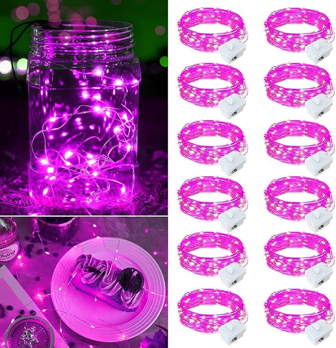 12 Pack Pink Fairy Lights Battery Operated, 7ft 20 LED Mini String Twinkle Lights for Christmas Halloween Party Valentine's Day Mason Jars Centerpiece Table Decorations (12, Pink)