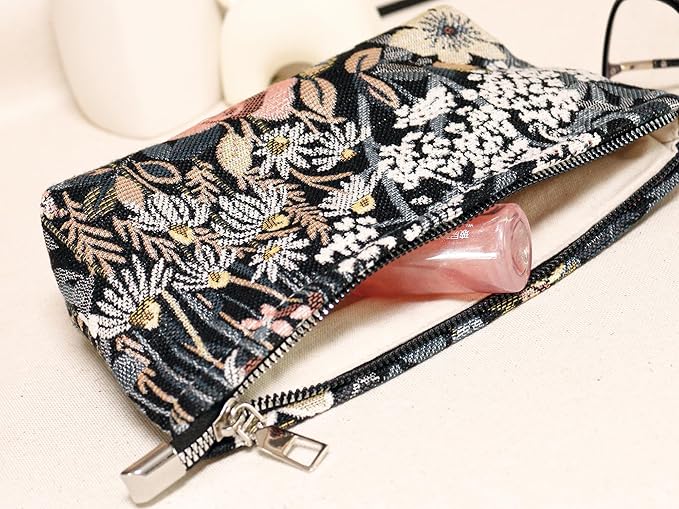 HAPPYHEIDI Cute Floral Makeup Bag Cosmetic Travel Pouch with Bottom and Zipper, Purse Make Up Organizer, Aesthetic Textured Fabric, Medium