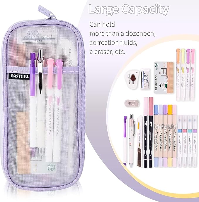 EASTHILL Grid Mesh Pen Pencil Case with Zipper Clear Makeup Color Pouch Cosmetics Bag Multi-Purpose Travel School Teen Girls Transparent Stationary Bag Office Organizer Box for Adluts(Purple)