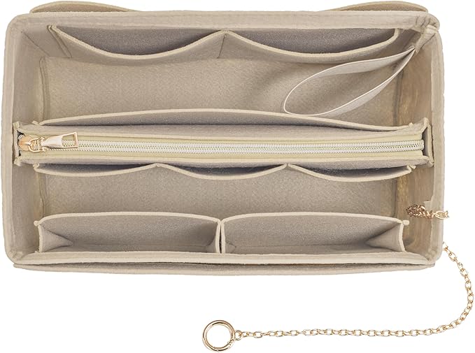 Purse Organizer Insert, Handbag Organizer with Zipper, Tote Shaper with Cup Holder & Keychain, Compatible with LV, Neverfull, MK, COACH, Longchamp, Kate Spade – Beige-XL
