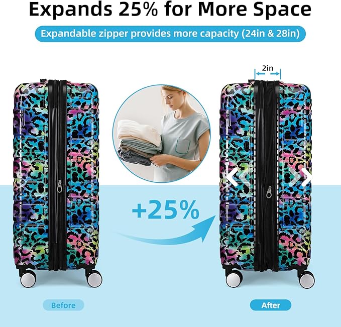 LARVENDER Luggage Sets 6 Piece, Expandable Luggage Hardside PC+ABS Leopard Suitcase Sets with Spinner Wheels TSA Lock, Lightweight Rolling Suitcase for Men and Women, Leopard Multicolor