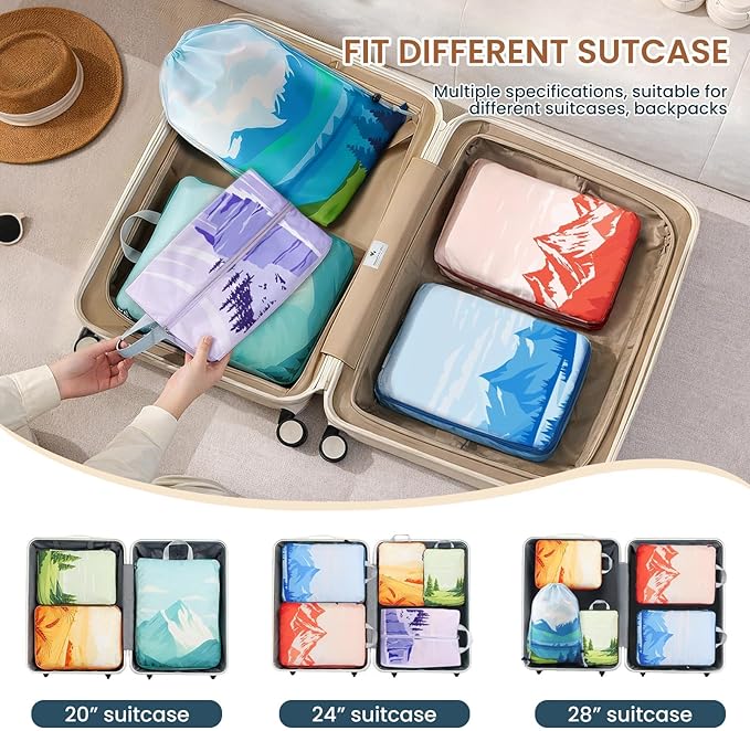 7 Set Compression Packing Cubes for Travel - Compressible/Expandable Luggage Organizer Bags Set, Double Zipper Packing Organizer for Suitcase, Lightweight Travel Essentials Accessories (Half Mesh)