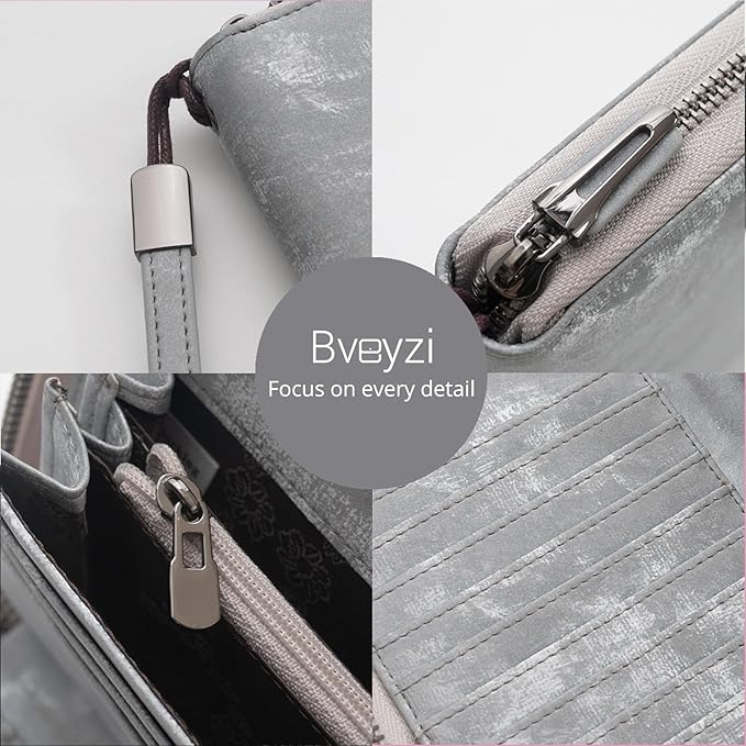 Bveyzi Women RFID Blocking Wallet Leather Zip Around Phone Clutch Large Capacity Ladies Travel Purse Wristlet | RFID Blocking, Zip Around, Large Capacity