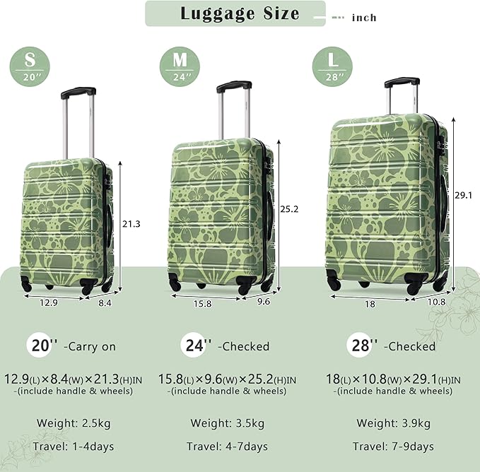 Merax Luggage Sets 3 Piece, Hardside Suitcase Set with Spinner Wheels, Lightweight 20+24+28 IN Suitcase with Carry on Luggage, Green
