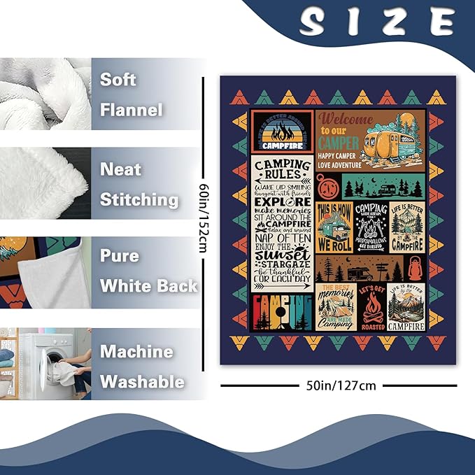 Camping Gifts for Men Women Flannel Throw Blanket, Birthday Ideas for Camper, Vintage Present for Camping Lover RV Owner, Campsite Outdoor Travel Hiking Bed Sofa Blankets 50"x60"