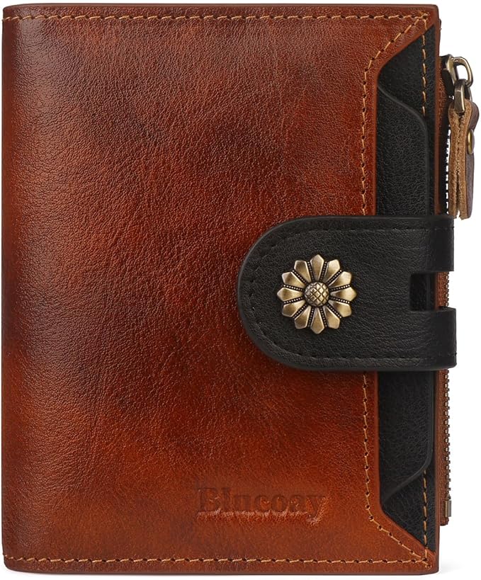 Leather Wallet Women,RFID Blocking Womens Wallet Bifold Compact Small Wallet for Women Card Holder with Zip Coin Pocket Brownblack