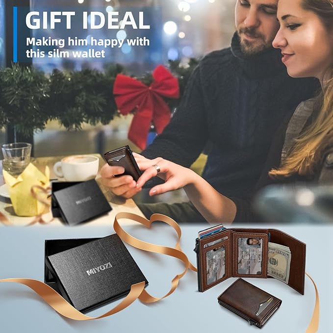 miyozi Wallet for Men,with Cash Pocket 2 ID Window 9-13 Cards,Metal Case Smart Slim Pop Up Credit Card Holder Flip with Magnetic Closure RFID Blocking Trifold wallet with Gift Box