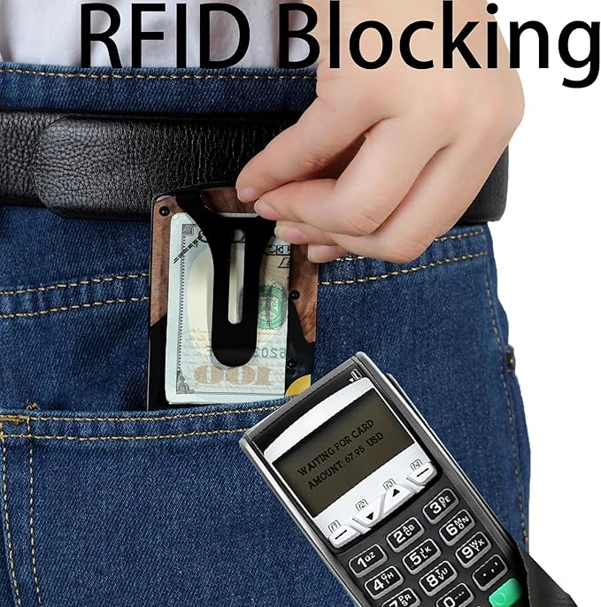 Carbon Fiber Minimalist Wallet for Men Credit Card Holder Money Clip & Cash Strap Slim RFID Mens Wallets,Resin Natural Walnut Wood,Unique Pattern,Black