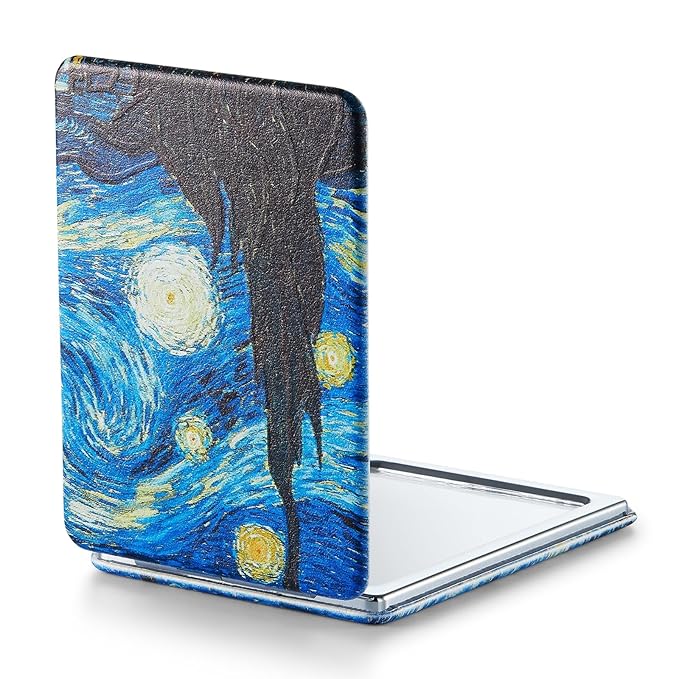 OMIRO 1X/3X Magnifying Mirror, Unique Painting Compact Mirror with Classical PU Leather, 2.4" W x 3.4" L (Starry Night)