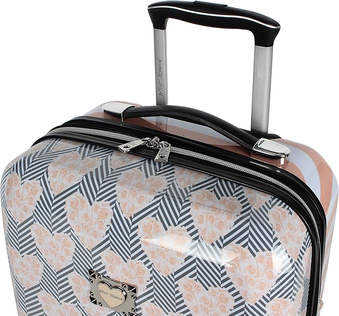 Betsey Johnson Designer 20 Inch Carry On - Expandable (ABS + PC) Hardside Luggage - Lightweight Durable Suitcase With 8-Rolling Spinner Wheels for Women (Chevron Hearts)