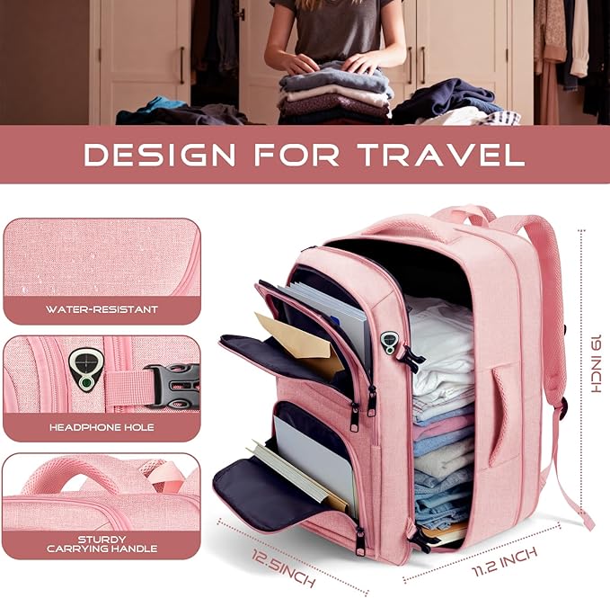 Travel Backpack for Women, Expanable Carry on Backpack, TSA 17.3 inch Laptop Bag Flight Approved, Lightweight Waterproof Business Luggage Bag, Travel Gifts for Women, Pink