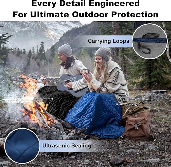 Waterproof Outdoor Blanket 62”X 51” Packable, Stadium Blankets for Camping with Sherpa Fleece Lining, Large Windproof Emergency Mat for Garss Picnic Hiking Road Trip, Machine Washable, Navy 300GSM
