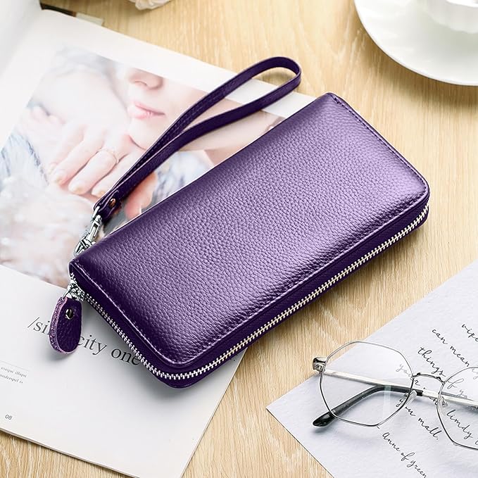 Moflycom Womens Wallet RFID Blocking Genuine Leather Zip Around Wallet Clutch Wristlet Travel Long Purse for Women