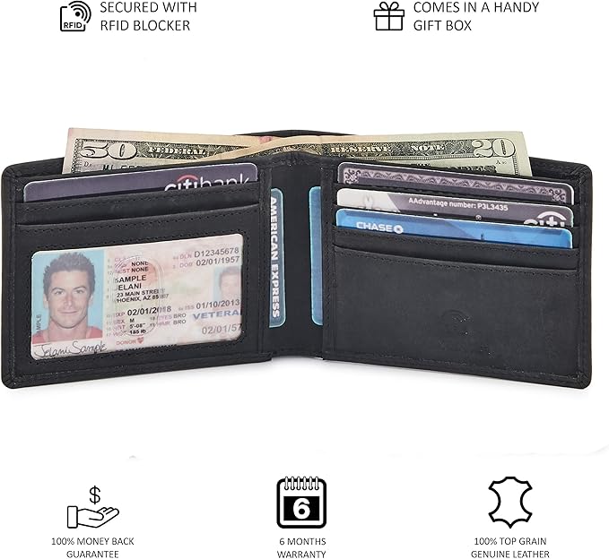 Real Leather Mens Bifold Wallet RFID Blocking Slim Minimalist Front Pocket - Thin & Stylish with ID Window in Gift Box (Crazy Horse, Black)