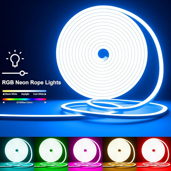 Cozylady 12M(2 Roll 6M) RGB Neon Lights LED Rope Light,40ft Waterproof Bluetooth APP Remote Control Music Sync Strip Light,24V Flexible DIY Silicone Light for Bedroom Home Indoor Outdoor Decor(40ft)