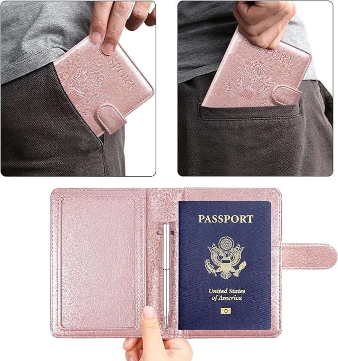 ACdream Passport and Vaccine Card Holder Combo, Cover Case with CDC Vaccination Card Slot, Leather Travel Documents Organizer Protector, with RFID Blocking, for Women and Men, Rose Gold