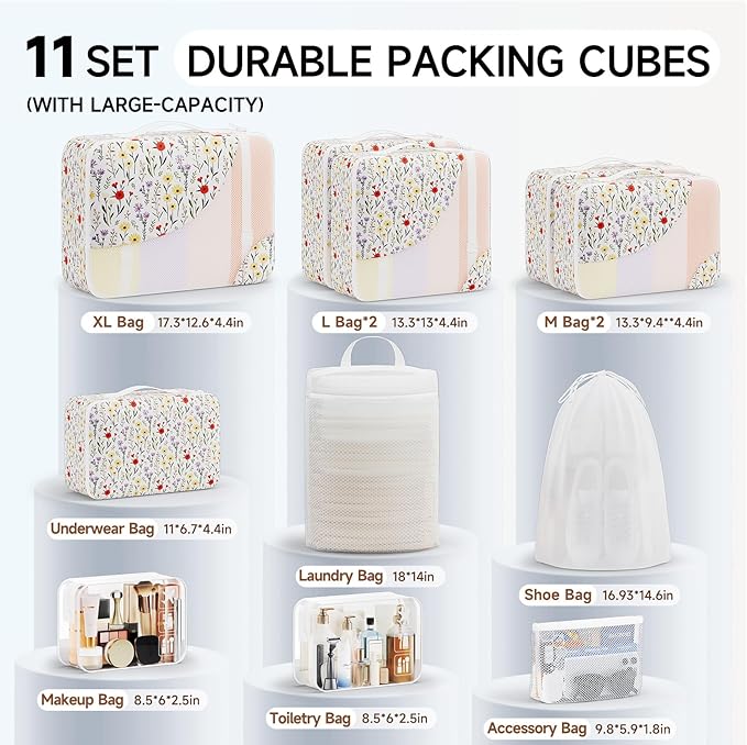 11 Set Packing Cubes for Travel, Gifts for Women Mom Kids, TSA Approved Bags for Makeup, Cosmetic, Toiletry, Suitcase Organizers for Checked Luggage,Cruise Essentials,Airplane Accessories,White Floral