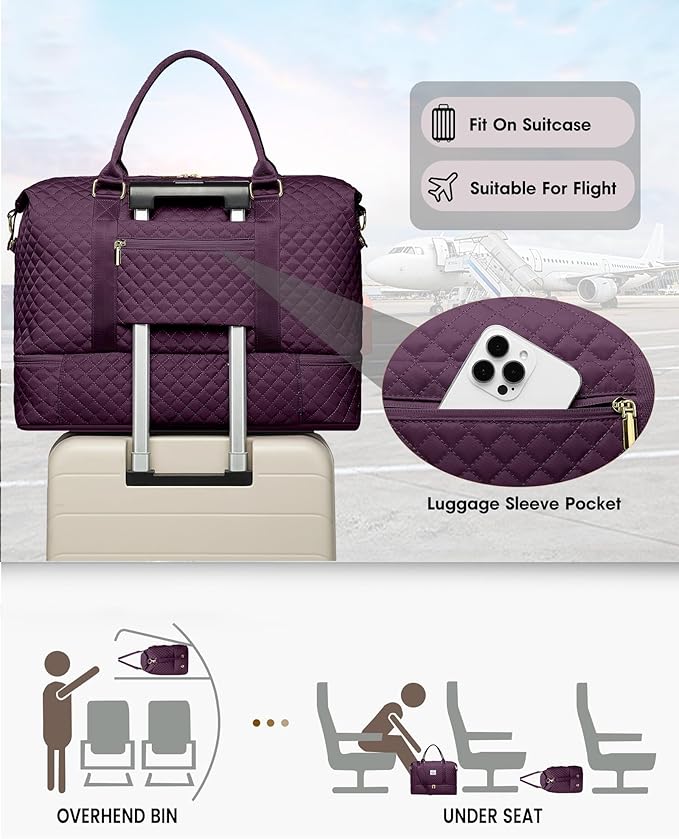 Women Weekender Travel Duffle Bag: Travel Duffel Overnight Bags with Shoe Compartment Carry on Tote Bag Toiletry Bag Weekend Yoga Gym Hospital Bags for Labor and Delivery with Wet Pocket Dark Purple