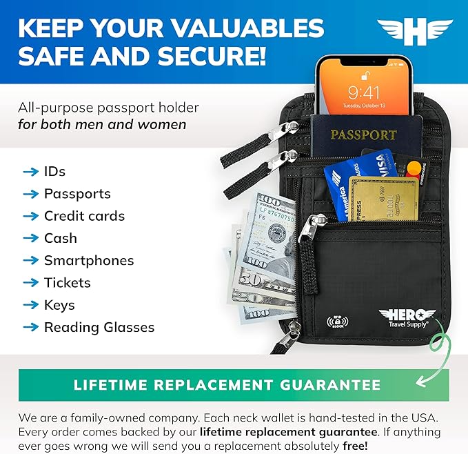 HERO Neck Wallet - RFID Blocking Passport Holder, Easy to Conceal Travel Puch (Black)