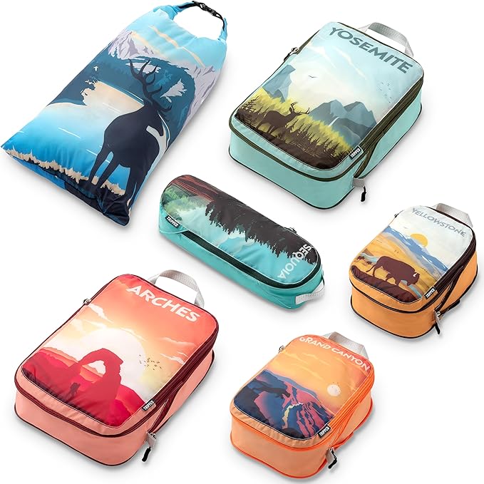 Compression Packing Cubes 6 Piece Set for Carryon Suitcases- Lightweight, Durable Clothes Organizer (National Park)