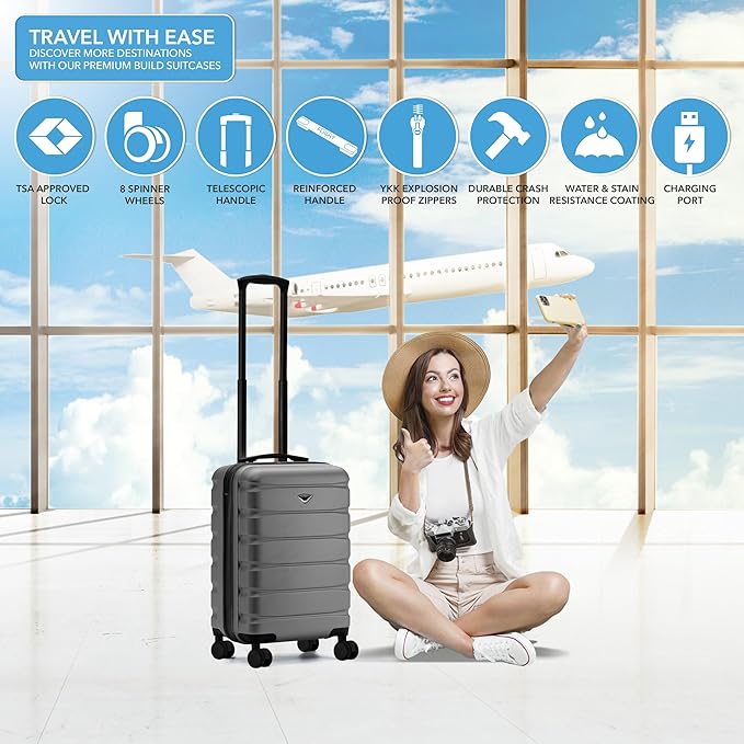 Flight Knight 22x14x9" Expandable Carry On Suitcase Hardside TSA Lock USB C Port Lightweight Luggage Silent Double Spinner Wheels Maximum Overhead Carry-On Bag For American & United Approved Airlines