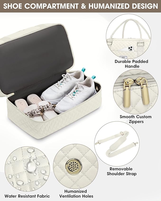 Weekender Travel Duffle Bag for Women: Overnight Bags with Shoe Compartment Carry on duffel Bag for Airplanes with 2 PCS Toiletry Bags Weekend Yoga Gym Hospital Bag with Wet Pocket Beige