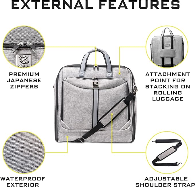 ZEGUR Premium Suit Garment Bag Carry On - Hangs 4 Suits - Travel & Business with Shoulder Strap and Laptop Compartment