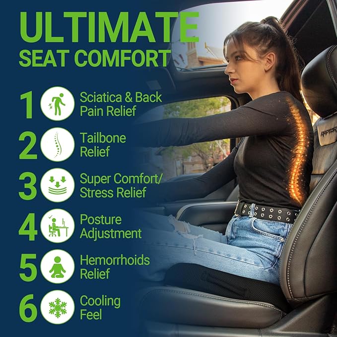 Season Guard Tailbone Pain Relief Office Chair Seat Cushion, Memory Foam Gel Seat Cushion for Sciatica Pain Relief with Washable Cover, Butt Cushion for Long Sitting, Mesh, Black