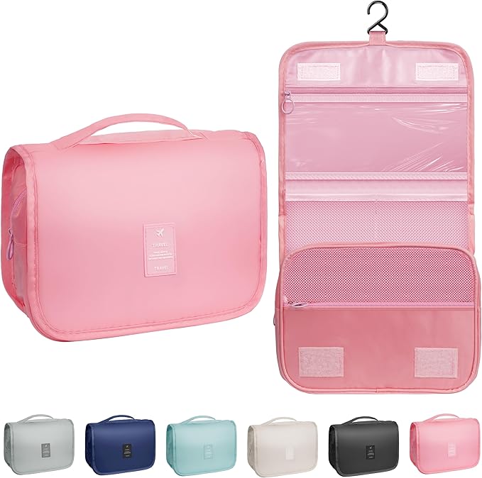 Toiletry Bag Travel Bag with Hanging Hook, Waterproof Capacity Hanging Multifunctional Makeup Bag for Toiletries, Portable Cosmetic Bag Travel Organizer for Women and Men(Pink)