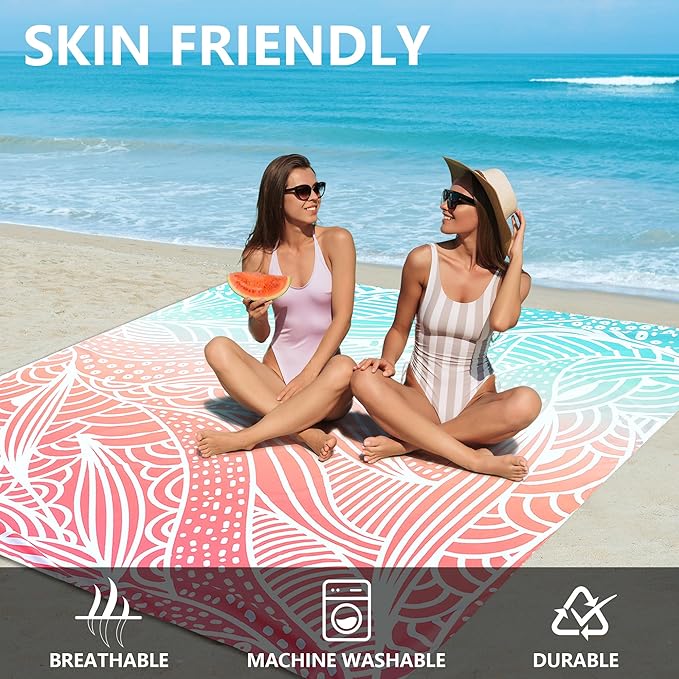 HIHOHO Beach Blanket Waterproof Sandproof Beach Mat for 1-8 Adults Quick Drying Durable Outdoor Picnic Mat for Beach Festival Travel Camping Hiking (Gradiant P&GN-Ripple, 79"×108"(6 Person))