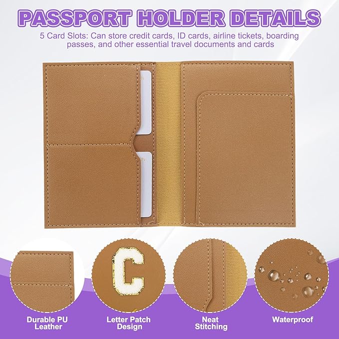 PATIKIL Passport Holder for Travel, Initial Passport Cover and Luggage Tag Set with Alphabet Chenille Letter Patch Travel Wallet Bag Suitcase Identifier for Women Family Travel Brown C
