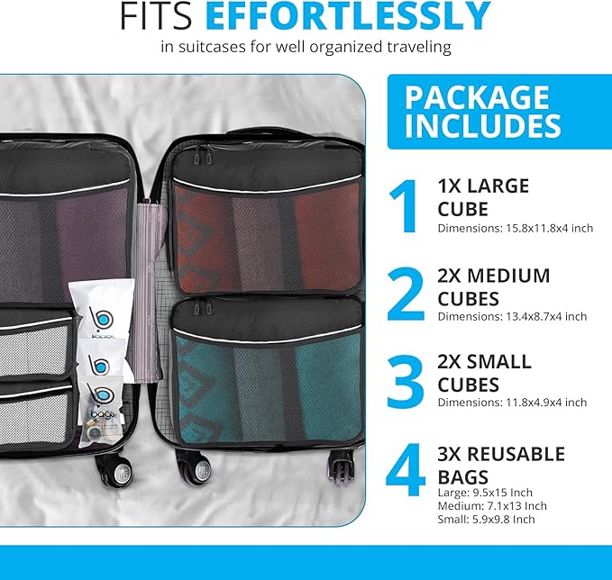 bago 8 Pcs Packing Cubes for Travel - 5 Travel Packing Cubes for Suitcases with 3 ZipLock Bags - Luggage Organizer Bags to Get Maximum Storage, Save Time & Effort to Pack (Green Red Purple Yellow)