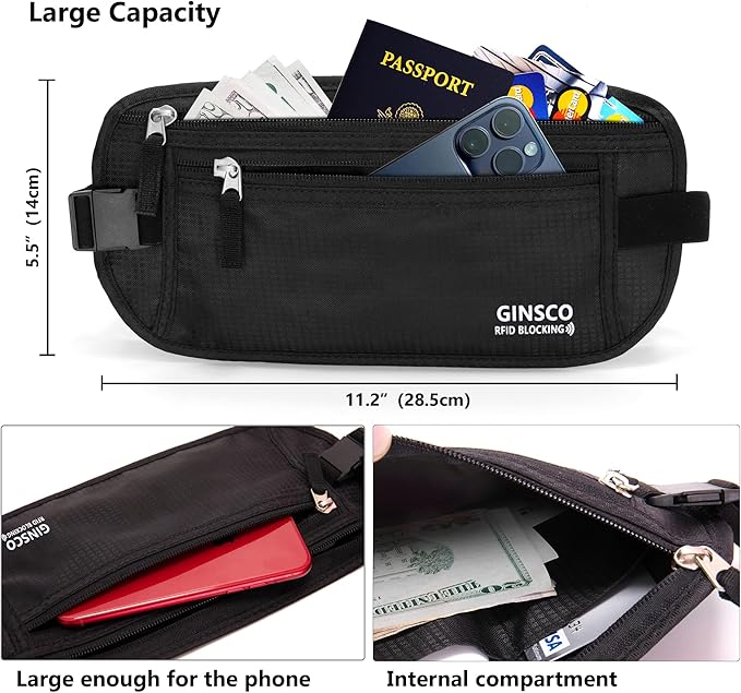 Money Belt for Travel Women Hidden Ginsco Slim RFID Blocking Passport Holder Unisex Travel Money Belt Under Clothes Anti Theft Travel Hidden Wallet for Travelling Workout Running Black 11''