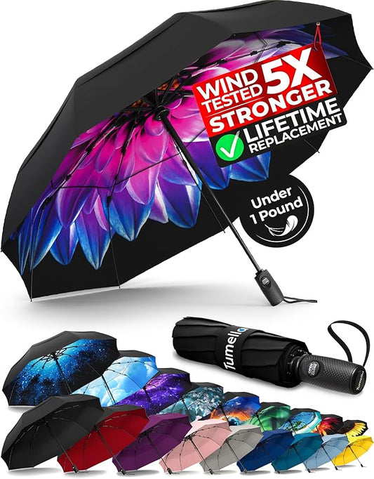 TUMELLA Strongest Windproof Travel Umbrella (Compact, Superior & Beautiful), Small, Wind-Tested, Light & Portable, Automatic Folding Rain Umbrella, Durable Premium Grip, Fits Car and Backpack