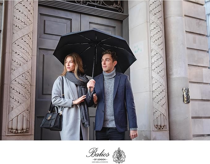 Balios (Designed in UK) Travel Umbrella Luxurious Golden Hardwood Handle Auto Open & Close Windproof Frame Single Canopy Automatic Folding Umbrella Men's & Ladies