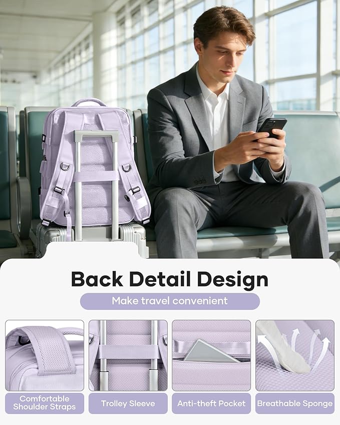 VECAVE Vacuum Backpack Travel with Pump, Expandable Personal Item Carry on Backpacks for Women Men, Laptop Waterproof Work Compression bags with USB Casual Daypack Purple