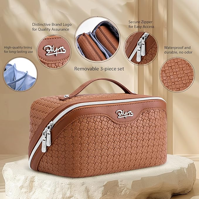 BOYATU Travel Makeup Bag Cosmetic Bags for Women: Large Capacity 3 Pcs Set Make up Bag with Compartments - Waterproof Vegan Leather Toiletry Organizer Bags with Handle (L53Brown)
