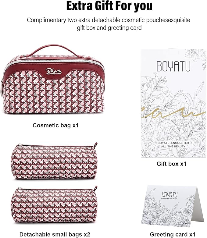 BOYATU Travel Makeup Bag Cosmetic Bags for Women: Large Capacity 3 Pcs Set Make up Bag with Compartments - Waterproof Vegan Leather Toiletry Organizer Bags with Handle (M-78Red)