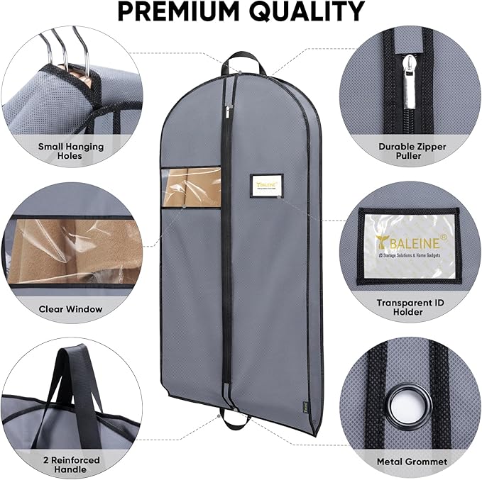 BALEINE 2PK Heavy Duty Garment Bag with Shoe Storage Travel Bag for Dresses, Suit, Coats Travel Essential (43", Grey)