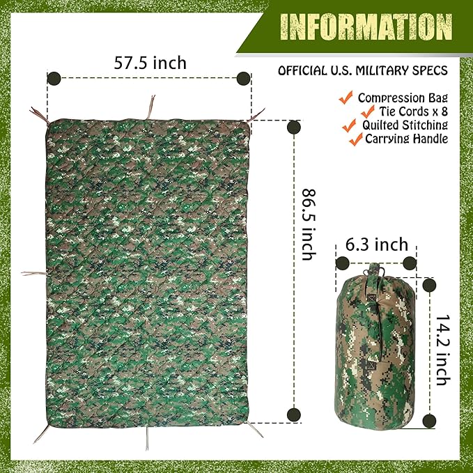 Woobie Blanket, Thermal Insulated Military Poncho Liner, Water-Resistant, Portable, Insulation, for Hiking, Survival with Compression Carry Bag (Marpat)
