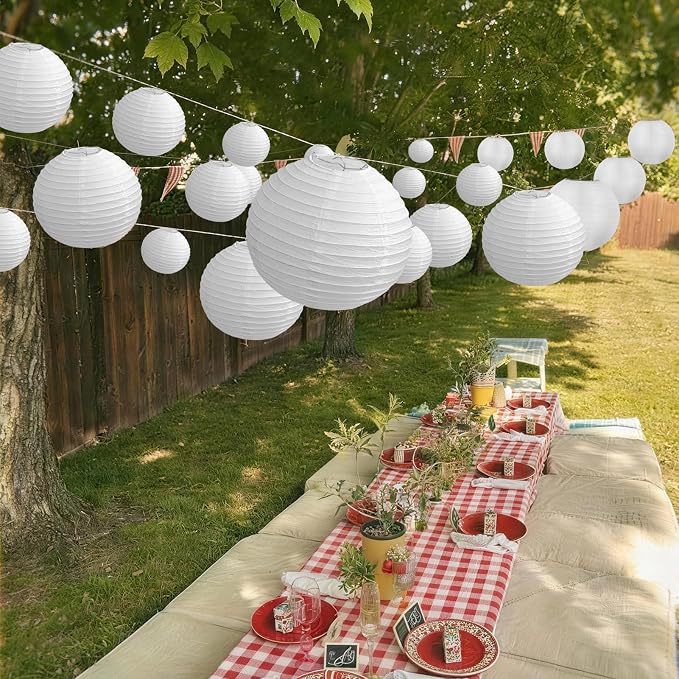 KNONEW 20 Pack 10" White Silk Outdoor Lanterns Decorative Party Hanging Chinese Japanese Waterprooof Round Lantern for Weddings, Birthdays, Parties Decoration (No Light Bulbs Included)
